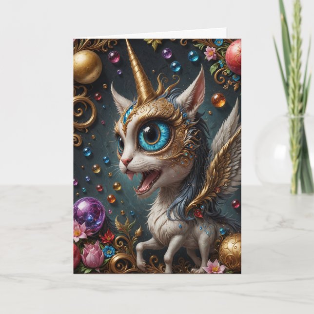 Fantasy Cat Unicorn, Birthday Card (Front)