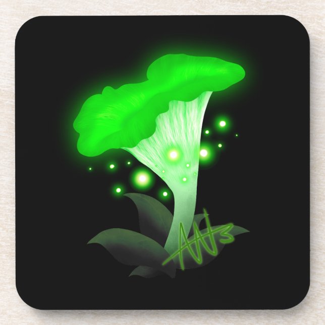 Fantasy Chanterelle Glowing Green Mushroom Coaster (Front)