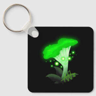 Fantasy Chanterelle Glowing Green Mushroom Metal Key Ring