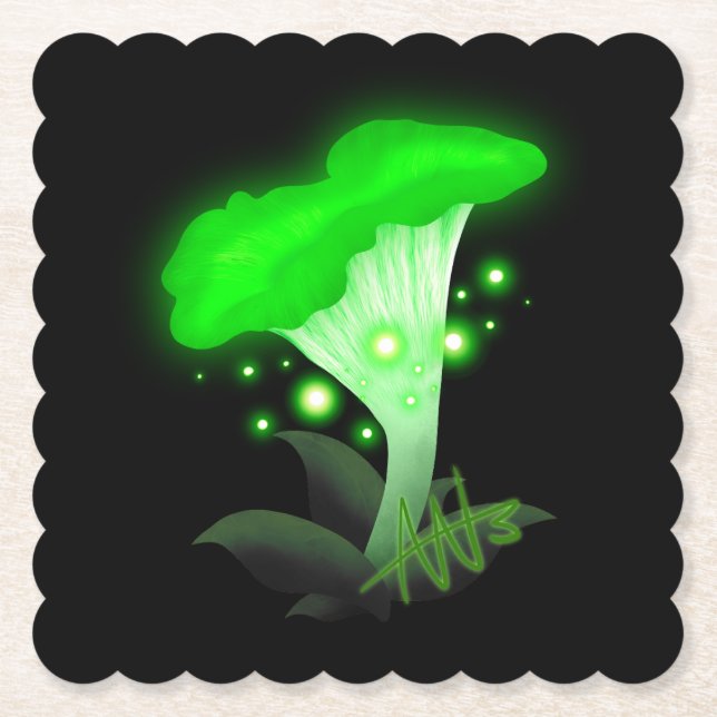 Fantasy Chanterelle Glowing Green Mushroom Paper Coaster (Front)