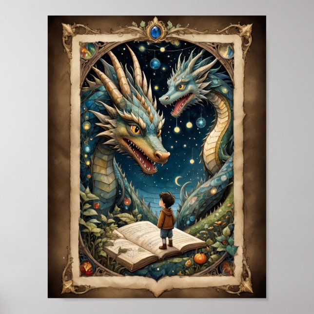 Fantasy child and dragons books poster (Front)