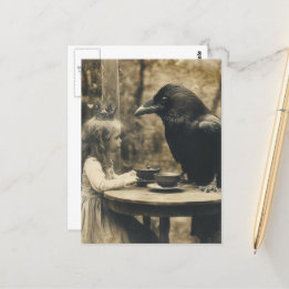 Fantasy Child and Raven Tea Party in Sepia Postcard