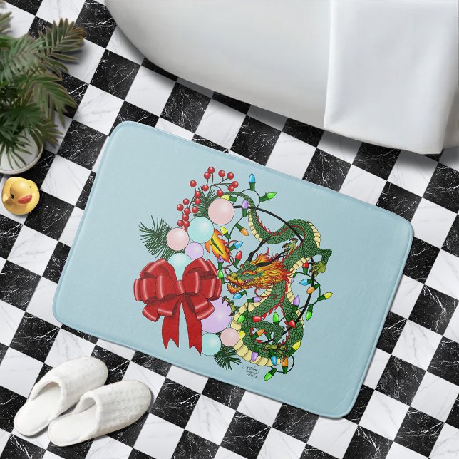 Fantasy Chinese Dragon Christmas Wreath Fantasy Bath Mat (Creator Uploaded)