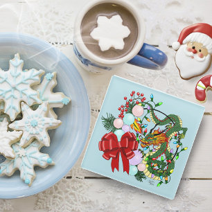 Fantasy Chinese Dragon Christmas Wreath Fantasy Glass Coaster