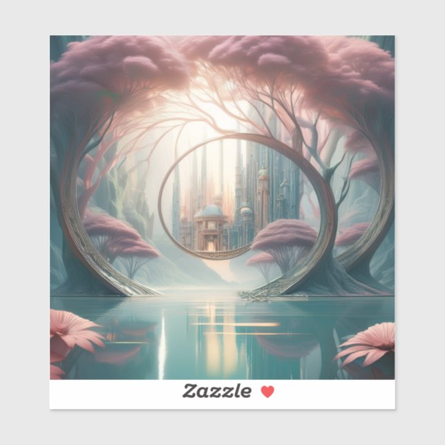 Fantasy City Seen Thru A Blue Lake And Pink Trees (Sheet)