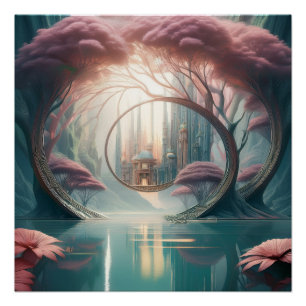 Fantasy City Seen Thru A Blue Lake And Pink Trees Poster
