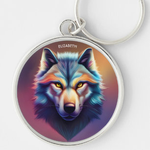 Fantasy Colorful Wolf Art Deco Style Key Ring