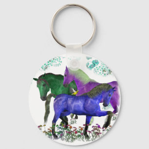 Fantasy coloured horses in flowers graphic design key ring