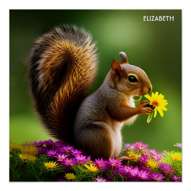 Fantasy Colourful Cute Squirrel With Flowers Poster (Front)