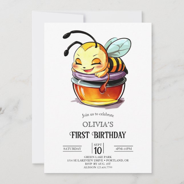 Fantasy Colourful Digital Bee 1st Birthday Invitation (Front)