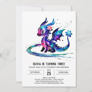 Fantasy Colourful Dragon Digital Girl Birthday Invitation