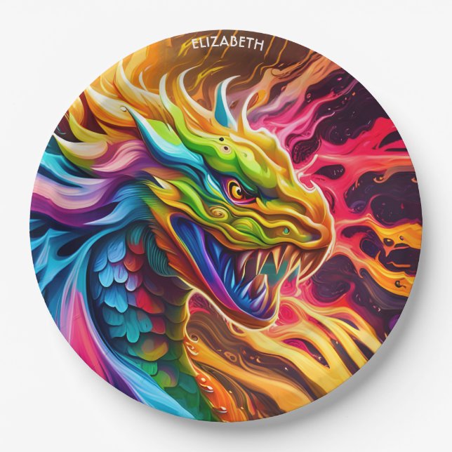 Fantasy Colourful Myth Vivid Dragon. Paper Plate (Front)