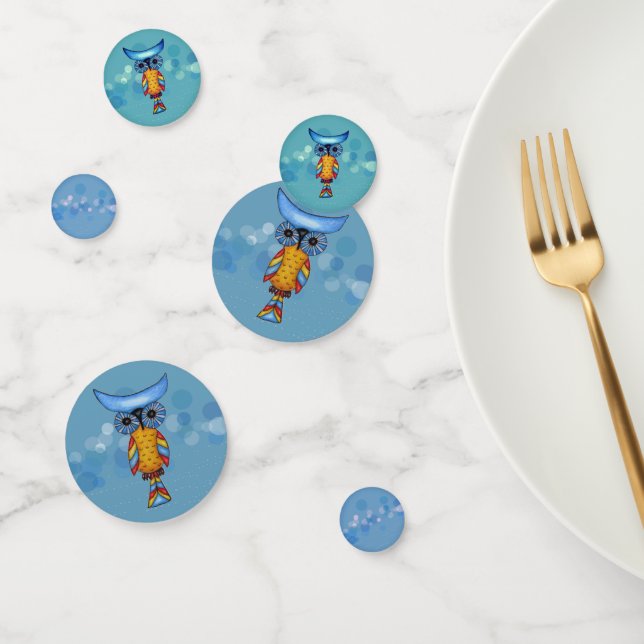Fantasy Colourful Owl Blue Eyes on Circles Dashes Confetti (Group)