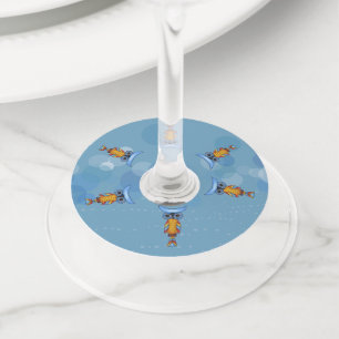 Fantasy Colourful Owls on Blue Circles Dashes Wine Glass Tag