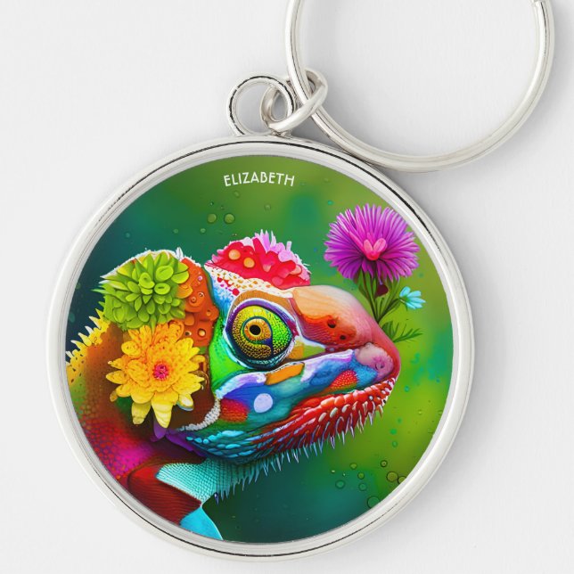 Fantasy Colourful Panther Chameleon With Flowers Key Ring (Front)