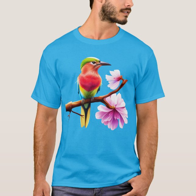 Fantasy Colourful Roller Bird Cherry Blossom T-Shirt (Front)