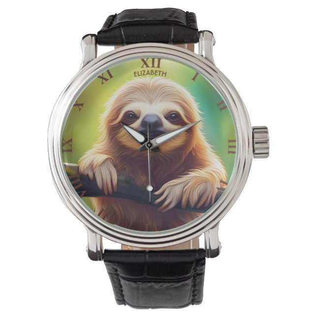Fantasy Colourful Sloth Art Deco Style Watch (Front)