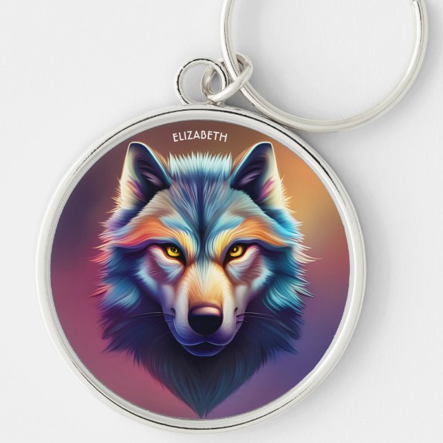 Fantasy Colourful Wolf Art Deco Style Key Ring (Front)