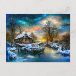 Fantasy cottage in winter. North lights in the riv Postcard