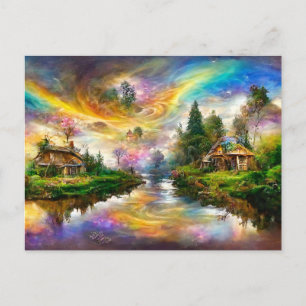 Fantasy Cottage mit bunten Regenbogenfarbe. Sommer Postcard