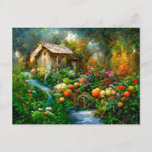 Fantasy Cottage mit üppigem Garten voller Blumen. Postcard