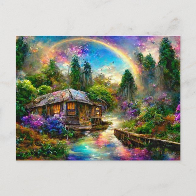 Fantasy cottage with rainbow and flowers postcard (Front)