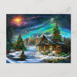 Fantasy Cottage zu Weihnachten mit Christbaum Postcard