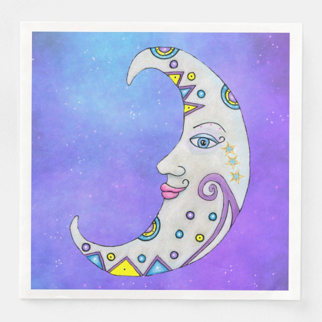 Fantasy Crescent Moon Face Colourful Decorated Sky Napkin (Front)