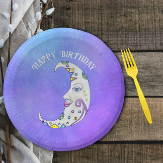 Fantasy Crescent Moon Pretty Face Colourful Shapes Paper Plate