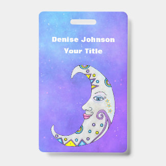 Fantasy Crescent Moon With Face Decorations Purple ID Badge