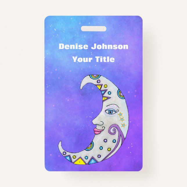 Fantasy Crescent Moon With Face Decorations Purple ID Badge (Front)