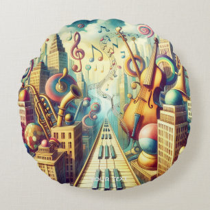 Fantasy Cute Abstract Music City Round Cushion