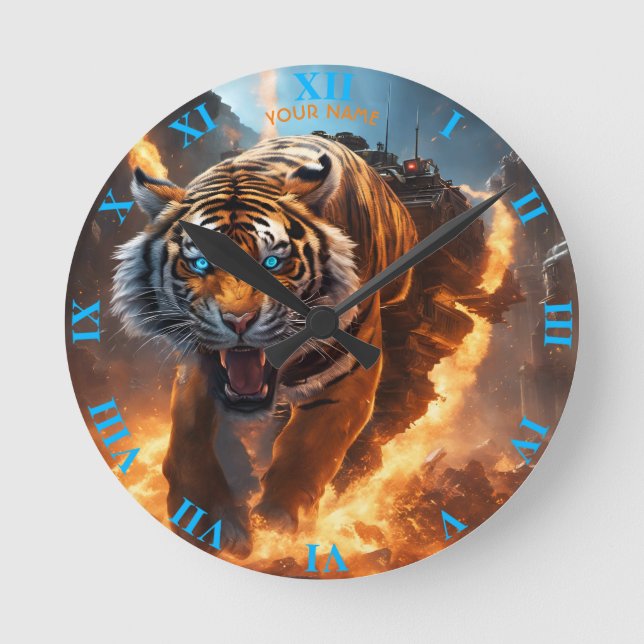 Fantasy Cute Anger Tiger Fire Round Clock (Front)