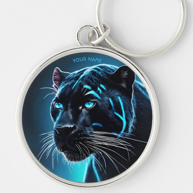 Fantasy Cute Angry Blue Panther Key Ring (Front)