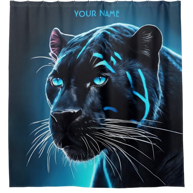 Fantasy Cute Angry Blue Panther Shower Curtain (Front)