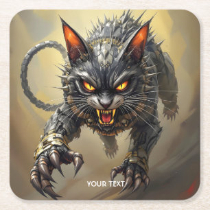Fantasy Cute Angry Cyborg Cat Square Paper Coaster