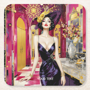 Fantasy Cute Art Deco Lady Square Paper Coaster