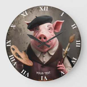Fantasy Cute Artist Painter Pig Large Clock