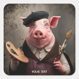 Fantasy Cute Artist Painter Pig Square Sticker