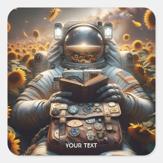 Fantasy Cute Astronaut Book Flowers Square Sticker (Front)