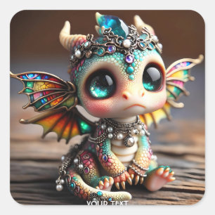 Fantasy Cute Baby Dragon Glass Square Sticker