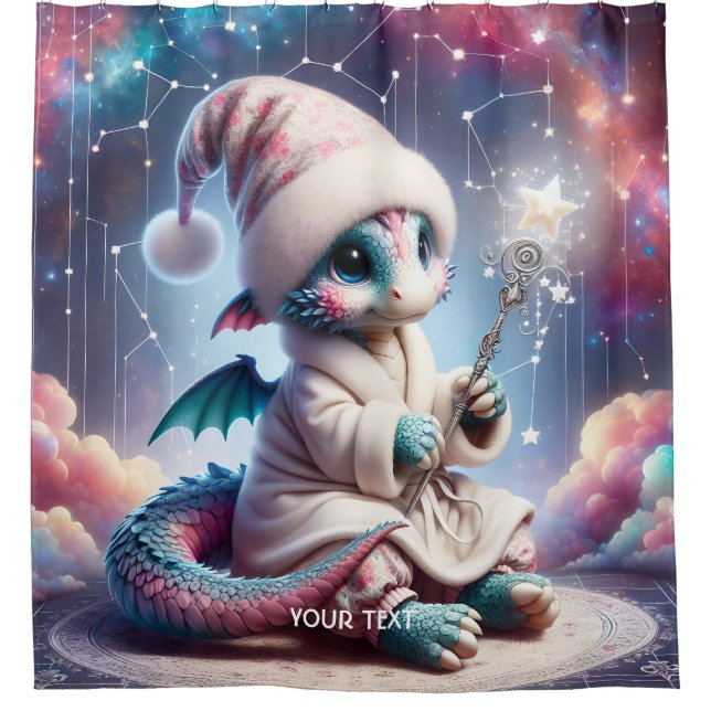Fantasy Cute Baby Dragon Staff Shower Curtain (Front)
