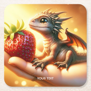 Fantasy Cute  Baby Dragon Strawberry Square Paper Coaster