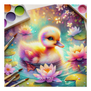 Fantasy Cute Baby Duck Flowers Poster