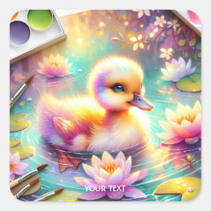 Fantasy Cute Baby Duck Flowers Square Sticker