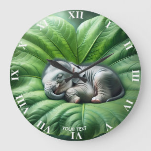 Fantasy Cute Baby Elephant Leaf Large Clock