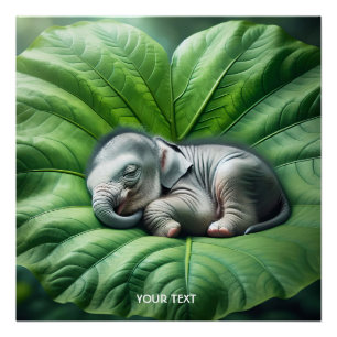 Fantasy Cute Baby Elephant Leaf Poster