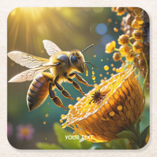 Fantasy Cute Bee Flowers Sun Square Paper Coaster