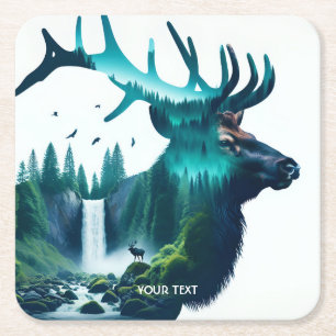 Fantasy Cute Big Elk Landscape Square Paper Coaster