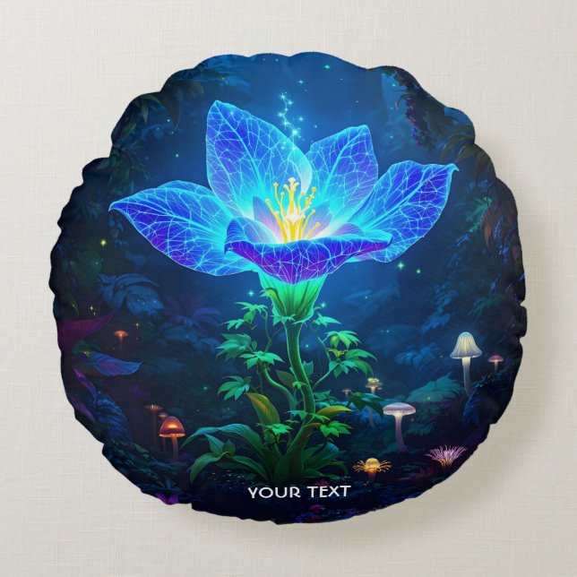 Fantasy Cute Bioluminescent Blue Flower Round Cushion (Front)